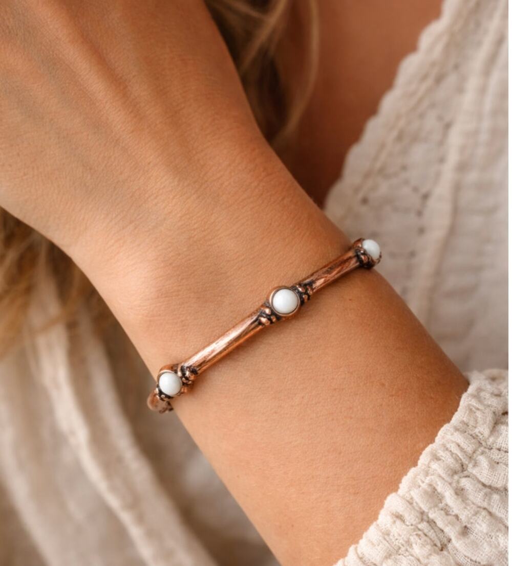 Vintage Style Solid Copper Bangle Bracelet White Cabochon Boho Chic